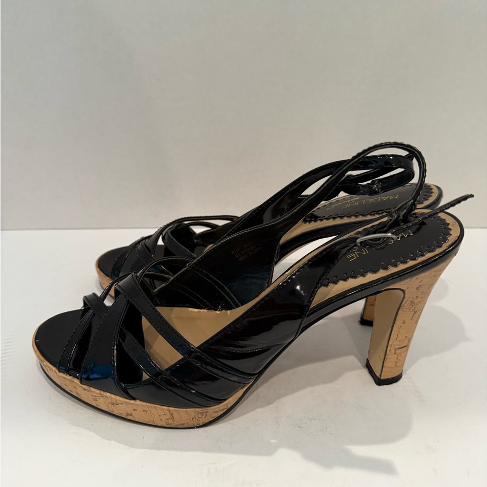 Madeline Stuart black patent leather and cork heels open toe ladies 8.5